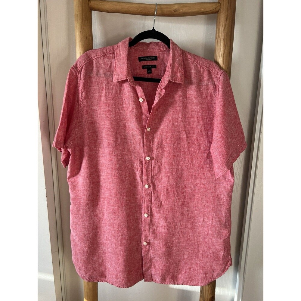 Banana Republic Camden Fit Men’s L Pink Solid Linen Short Sleeve Button-Up Shirt